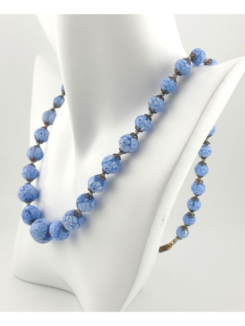 Vintage Blue Millefiori Venetian Textured Graduated Glass Bead 24" Necklace - Picture 3 of 12
